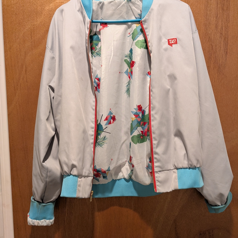 Gray and Blue Bomber Jacket with Floral Lining